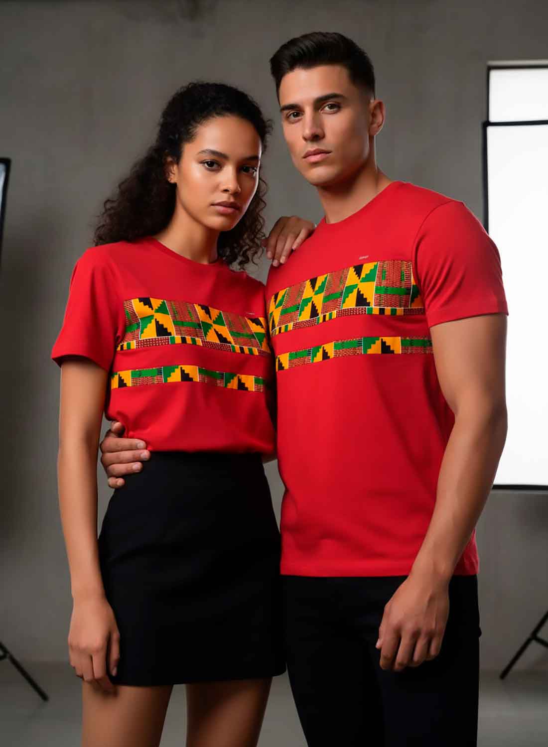 Camiseta Roja Unisex de Algodón Con Franjas Kente