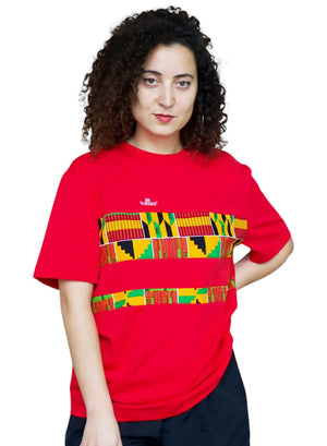 Camiseta Roja Unisex de Algodón Con Franjas Kente