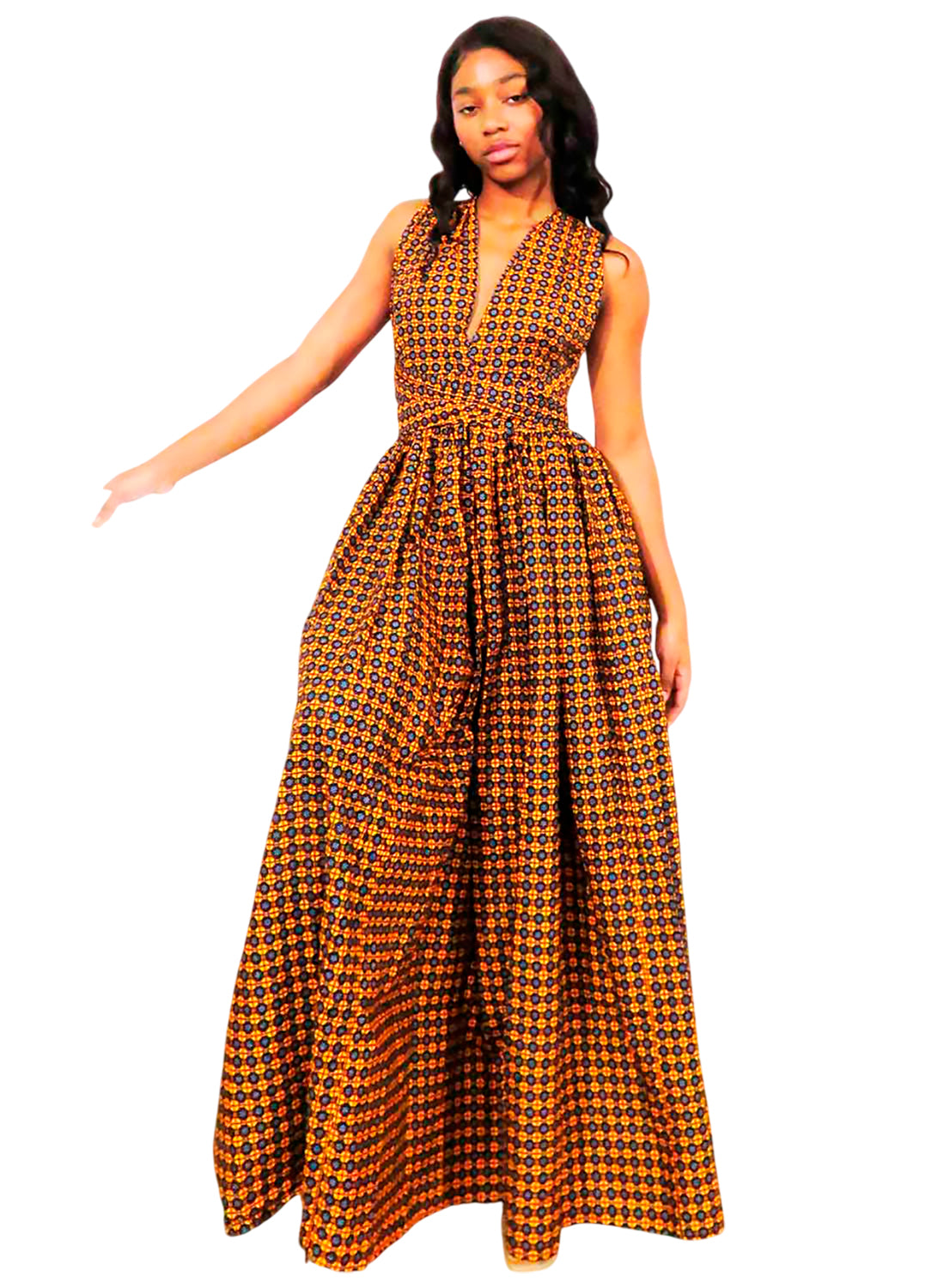Vestido Brown-Yellow Maxi Infinity Con Tirantes Cruzados