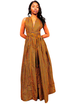 Vestido Brown-Yellow Maxi Infinity Con Tirantes Cruzados