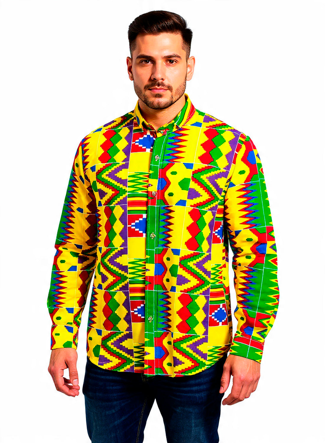 Camisa artesanal de manga larga en algodón 100% con impresión kente y cuello mao.