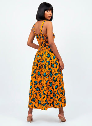 Vestido Amarillo Largo con Estampado Floral. Tirantes extraíbles