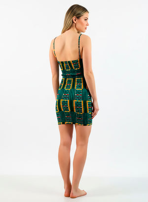 Vestido Artesanal de Tirantes Realizado en Tela Wax e Hilos Elásticos. Kente Verde.