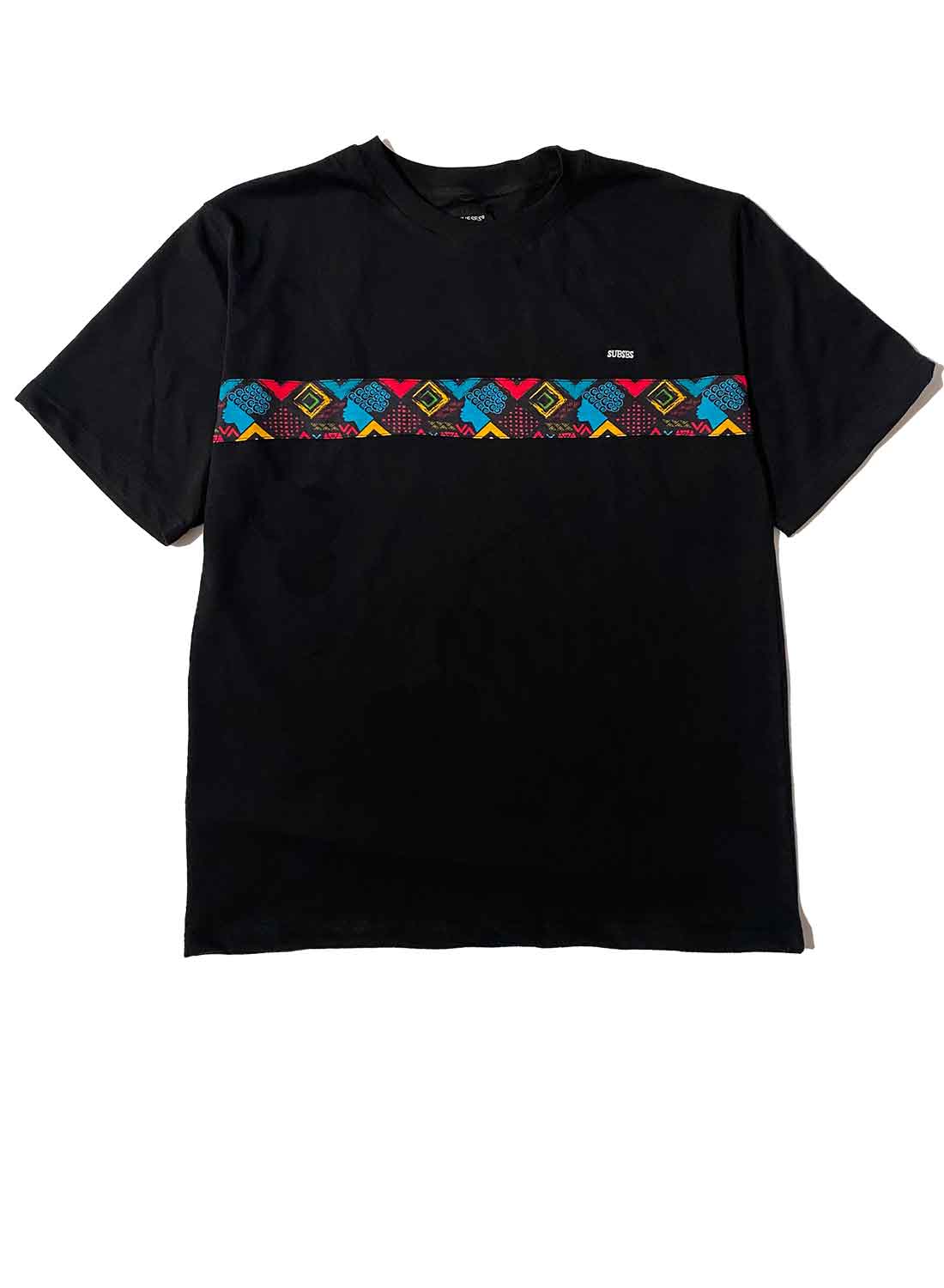 Camiseta Negra Unisex de Algodón Con Colorida Franja