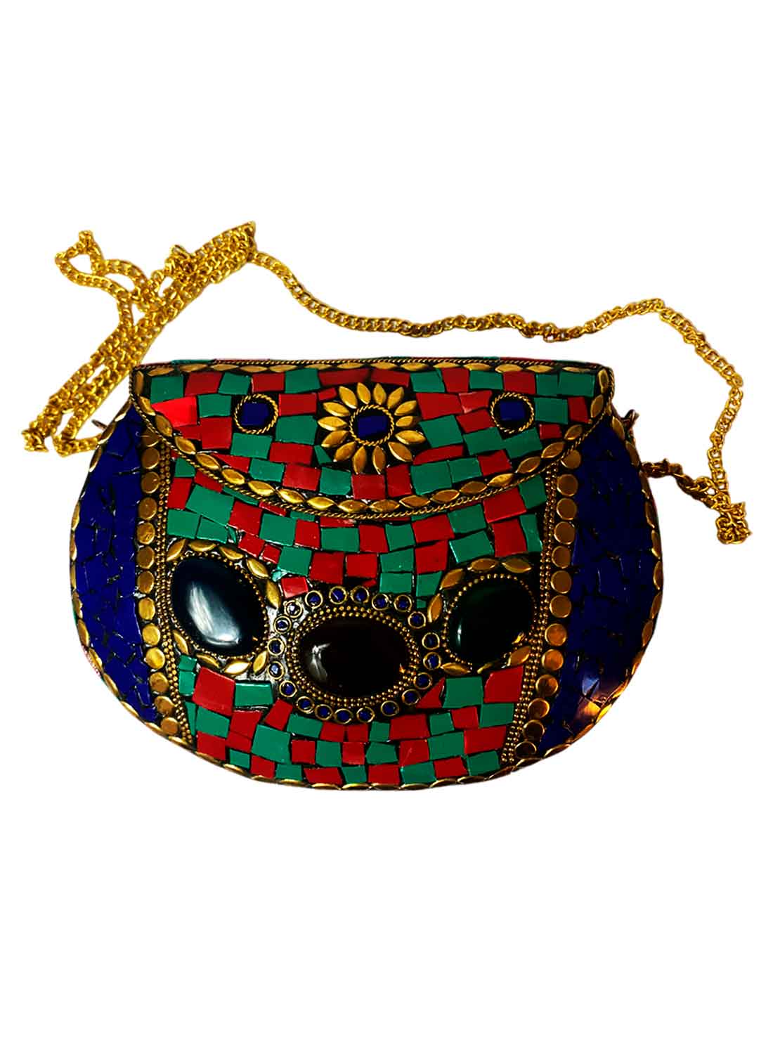 Elegante Bolso Artesanal con Incrustaciones en Piedra y Metal.