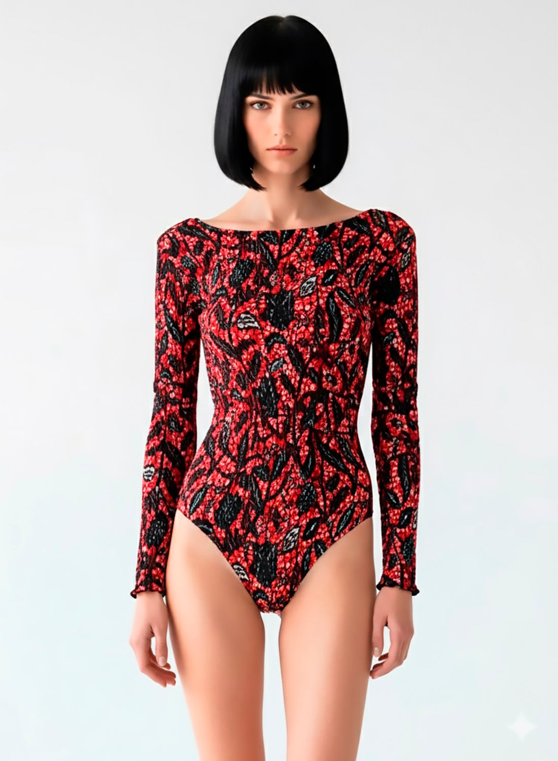 Bodi Camiseta de Tela Elástica con Estampado Red Flowers