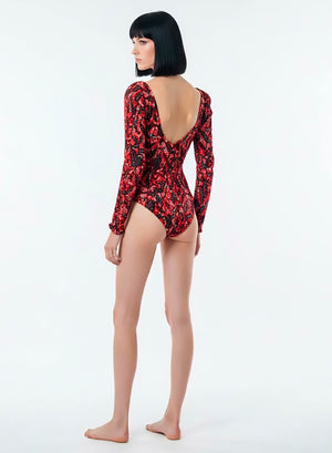 Bodi Camiseta de Tela Elástica con Estampado Red Flowers