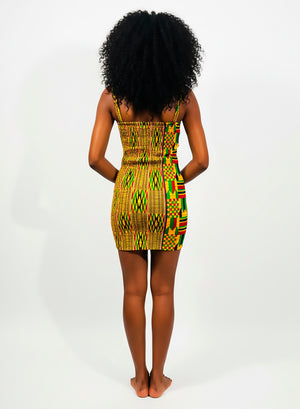 Vestido Artesanal de Tirantes Realizado en Tela Wax e Hilos Elásticos. Brown Kente