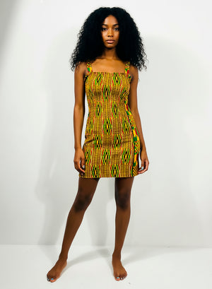 Vestido Artesanal de Tirantes Realizado en Tela Wax e Hilos Elásticos. Brown Kente