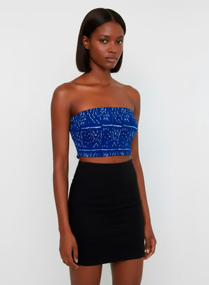 Crop Top Palabra de Honor en Tela Wax con Hilos Elásticos. Tribal Blue