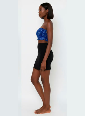 Crop Top Palabra de Honor en Tela Wax con Hilos Elásticos. Tribal Blue