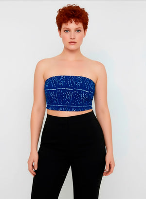 Crop Top Palabra de Honor en Tela Wax con Hilos Elásticos. Tribal Blue