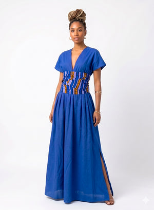 Vestido Largo Infinity Maxi de Lino Azul. Caña de Azúcar