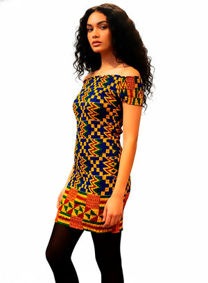 Llamativo vestido artesanal realizado en tela elástica Kente. Meria.