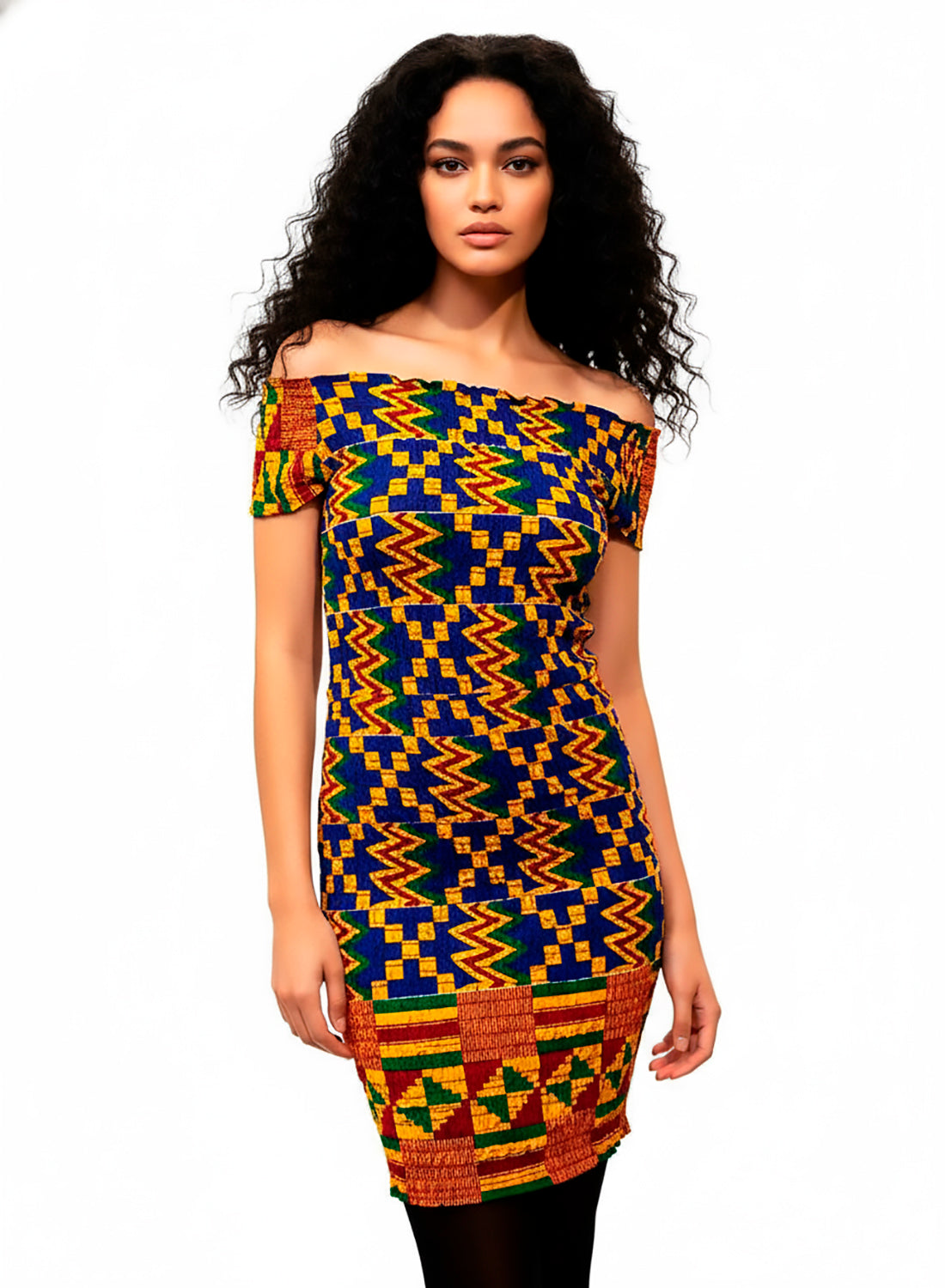 Llamativo vestido artesanal realizado en tela elástica Kente. Meria.