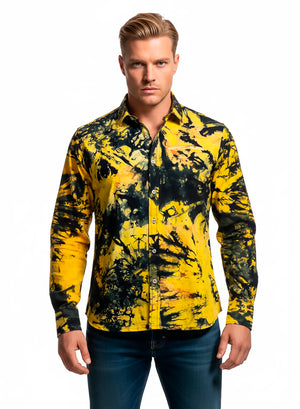 Camisa Artesanal en Tela Batik Tintada a Mano. BlackYellow