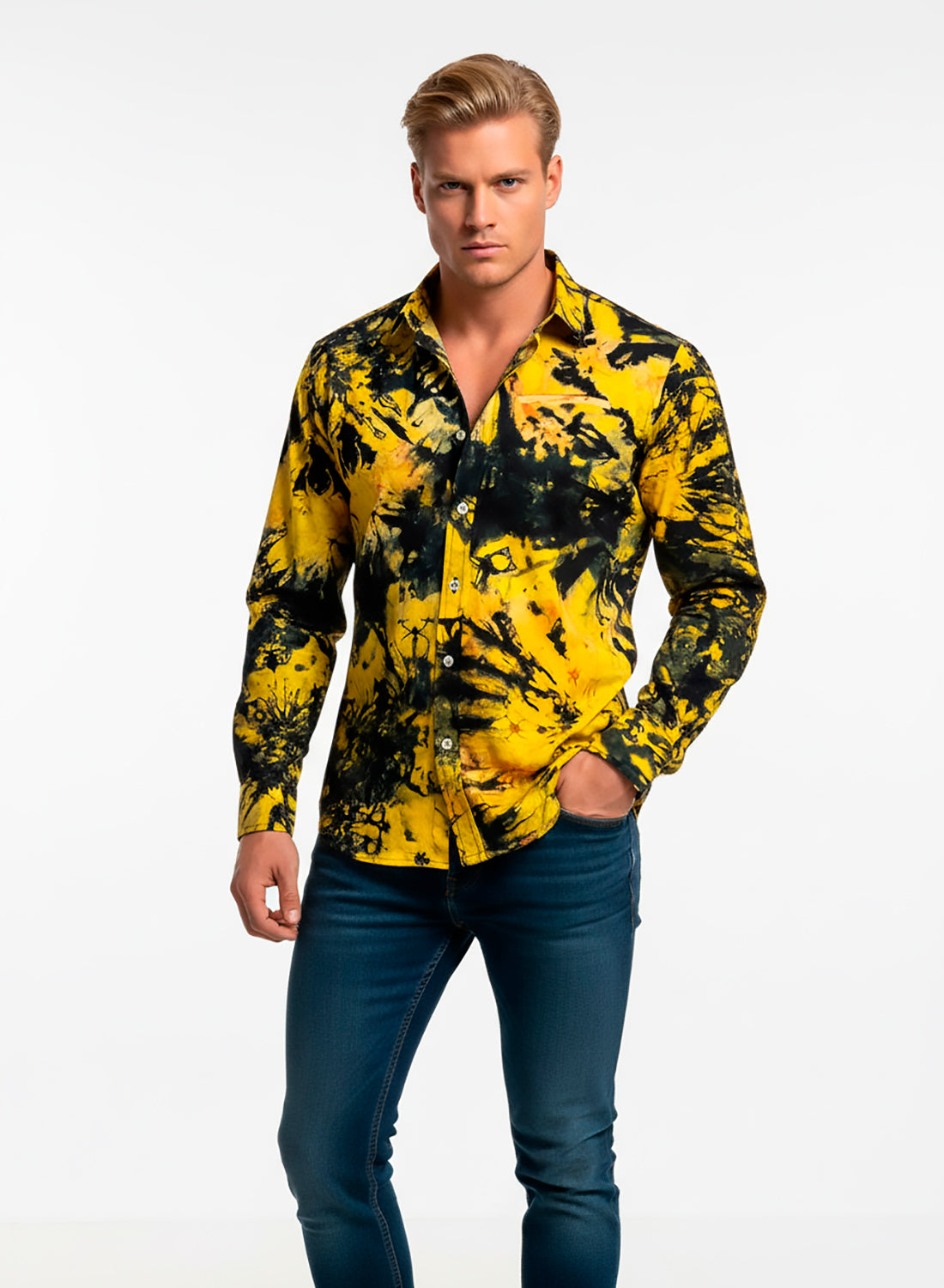 Camisa Artesanal en Tela Batik Tintada a Mano. BlackYellow