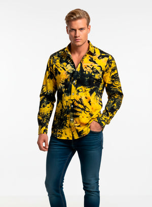 Camisa Artesanal en Tela Batik Tintada a Mano. BlackYellow