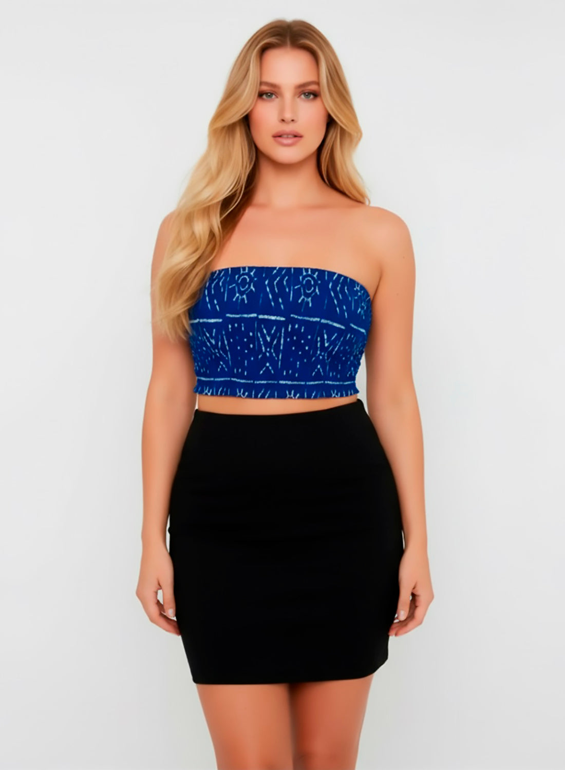 Crop Top Palabra de Honor en Tela Wax con Hilos Elásticos. Tribal Blue