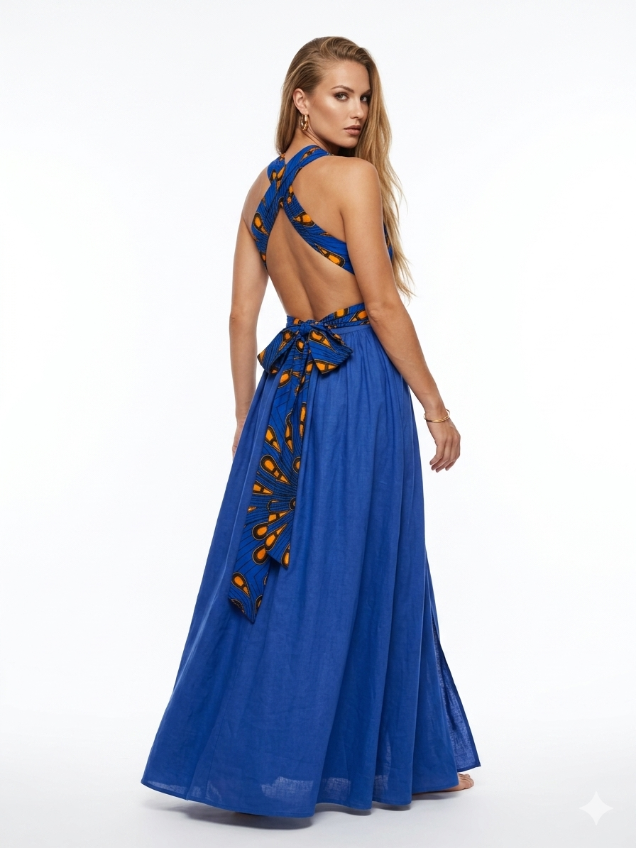 Vestido Largo Infinity Maxi de Lino y Algodón Azul