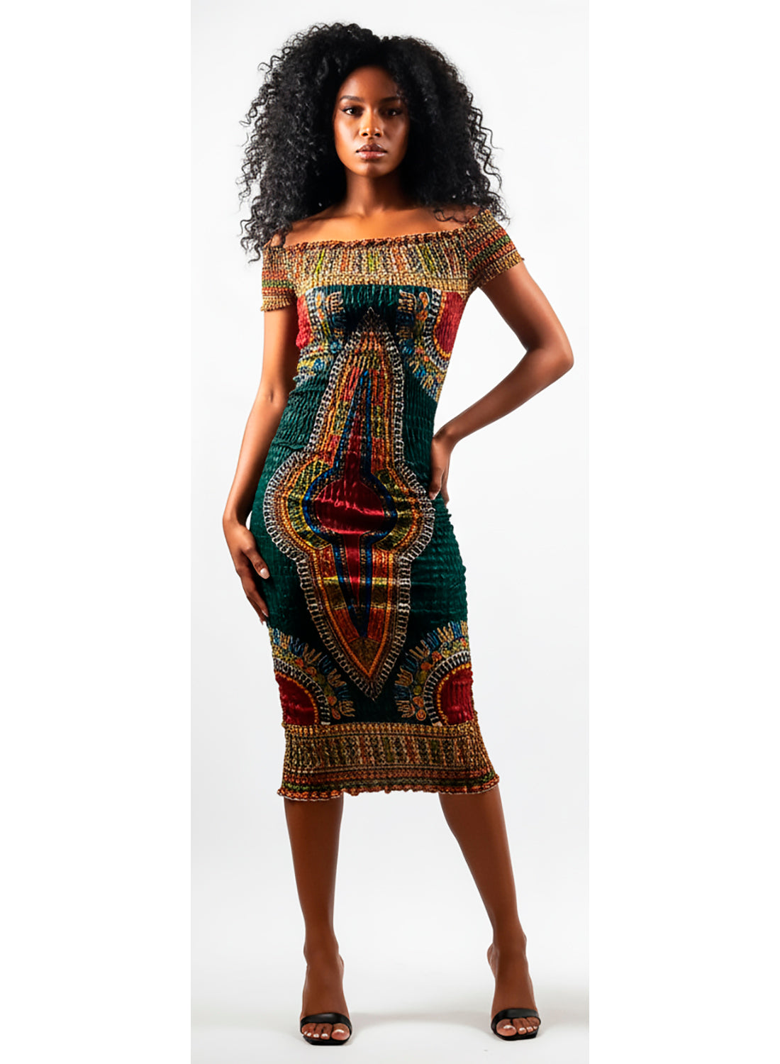 Vestido artesanal de tela wax e hilos elásticos Dashiki green.